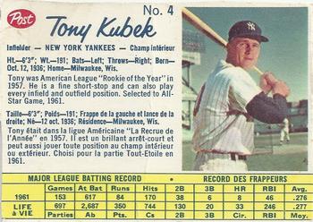 1962 Post Cereal Canadian #4 Tony Kubek Front