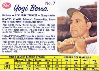 1962 Post Cereal Canadian #7 Yogi Berra Front