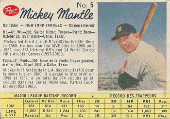 1962 Post Cereal Canadian #5 Mickey Mantle Front
