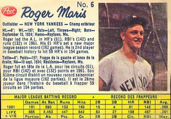 1962 Post Cereal Canadian #6 Roger Maris Front
