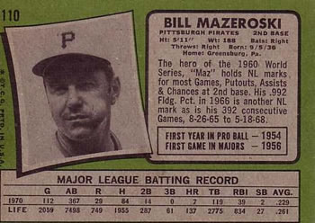 1971 Topps #110 Bill Mazeroski Back