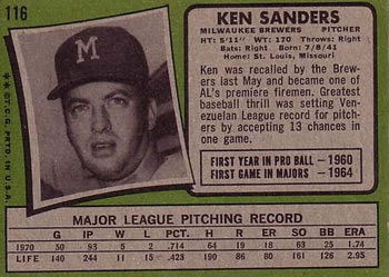 1971 Topps #116 Ken Sanders Back