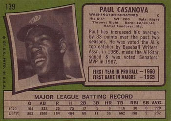 1971 Topps #139 Paul Casanova Back