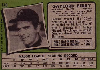 1971 Topps #140 Gaylord Perry Back