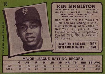1971 Topps #16 Ken Singleton Back