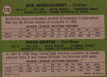 1971 Topps #176 Red Sox 1971 Rookie Stars (Bob Montgomery / Doug Griffin) Back