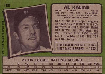 1971 Topps #180 Al Kaline Back