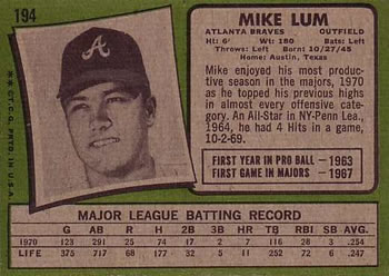 1971 Topps #194 Mike Lum Back