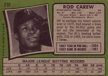 1971 Topps #210 Rod Carew Back