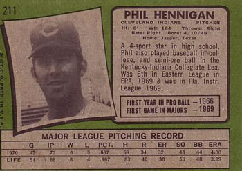 1971 Topps #211 Phil Hennigan Back