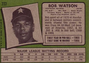 1971 Topps #222 Bob Watson Back