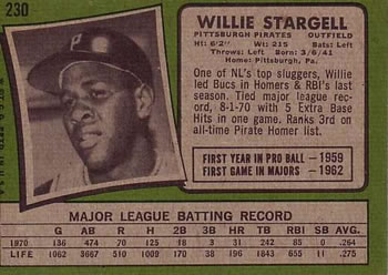 1971 Topps #230 Willie Stargell Back