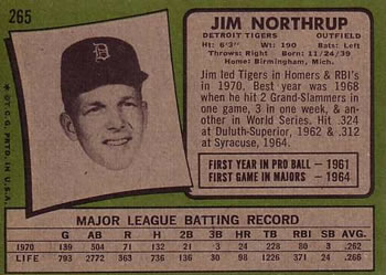 1971 Topps #265 Jim Northrup Back
