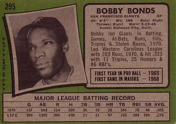 1971 Topps #295 Bobby Bonds Back