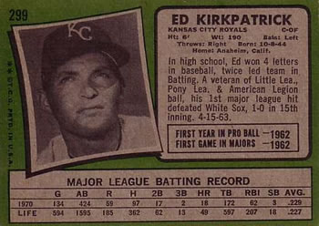 1971 Topps #299 Ed Kirkpatrick Back