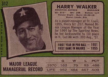 1971 Topps #312 Harry Walker Back