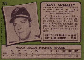 1971 Topps #320 Dave McNally Back
