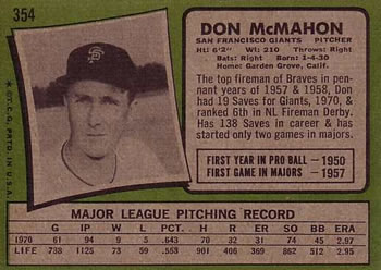 1971 Topps #354 Don McMahon Back
