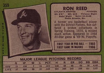 1971 Topps #359 Ron Reed Back