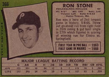 1971 Topps #366 Ron Stone Back