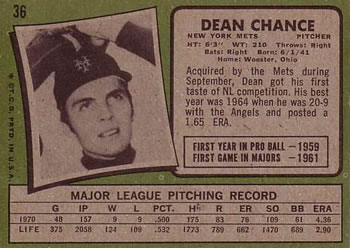1971 Topps #36 Dean Chance Back