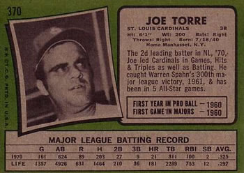 1971 Topps #370 Joe Torre Back
