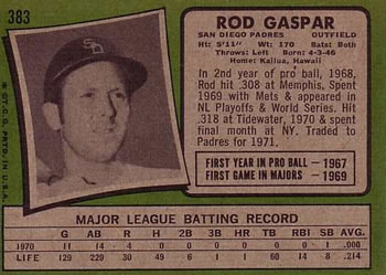 1971 Topps #383 Rod Gaspar Back