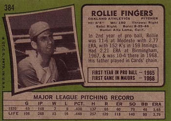 1971 Topps #384 Rollie Fingers Back