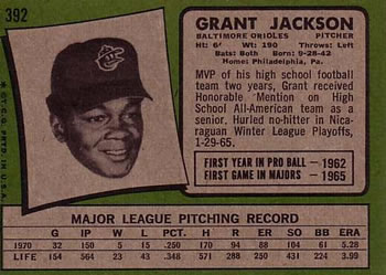 1971 Topps #392 Grant Jackson Back