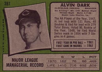 1971 Topps #397 Alvin Dark Back
