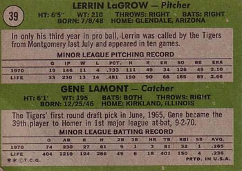 1971 Topps #39 Tigers 1971 Rookie Stars (Lerrin LaGrow / Gene Lamont) Back