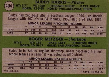 1971 Topps #404 Astros 1971 Rookie Stars (Buddy Harris / Roger Metzger) Back