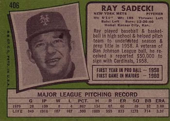 1971 Topps #406 Ray Sadecki Back
