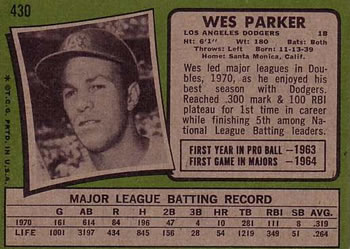 1971 Topps #430 Wes Parker Back