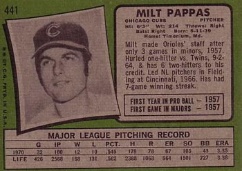 1971 Topps #441 Milt Pappas Back