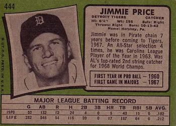 1971 Topps #444 Jimmie Price Back