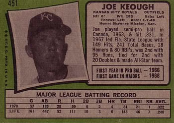 1971 Topps #451 Joe Keough Back