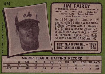 1971 Topps #474 Jim Fairey Back