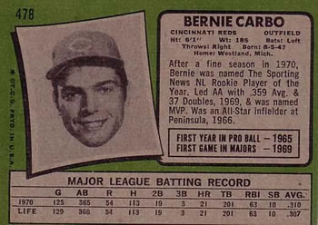 1971 Topps #478 Bernie Carbo Back