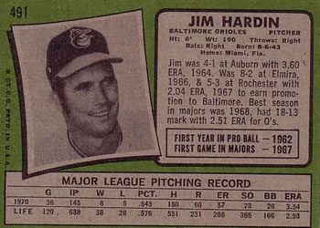 1971 Topps #491 Jim Hardin Back