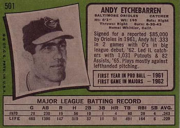 1971 Topps #501 Andy Etchebarren Back