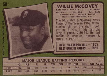 1971 Topps #50 Willie McCovey Back