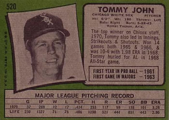 1971 Topps #520 Tommy John Back