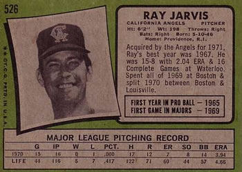 1971 Topps #526 Ray Jarvis Back