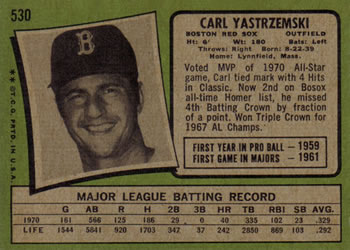 1971 Topps #530 Carl Yastrzemski Back
