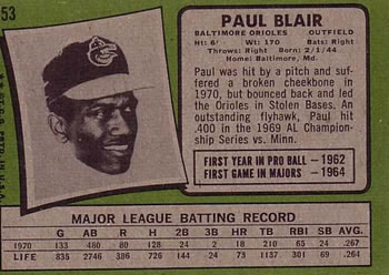 1971 Topps #53 Paul Blair Back