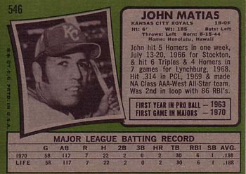 1971 Topps #546 John Matias Back