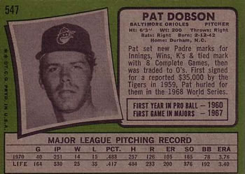 1971 Topps #547 Pat Dobson Back