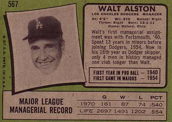 1971 Topps #567 Walt Alston Back