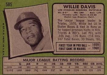 1971 Topps #585 Willie Davis Back
